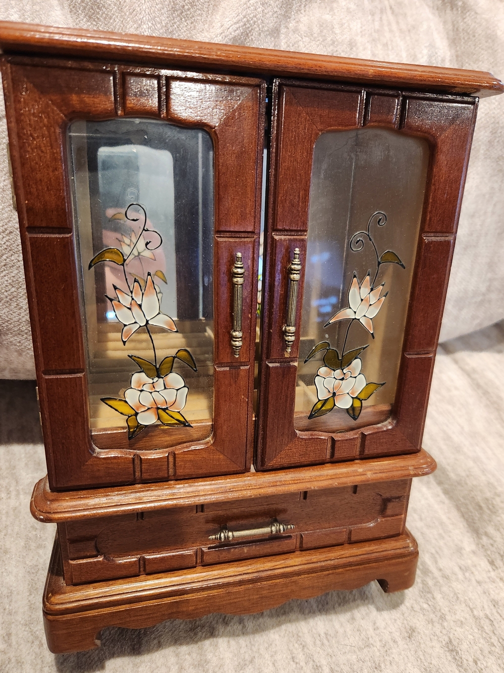 Vintage Table Top Wooden Jewelry Box with Floral Glass Doors - Brown